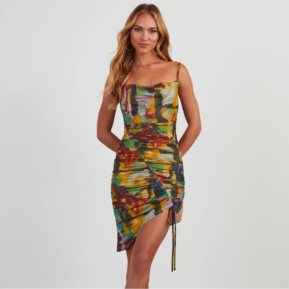 JANET ASYMMETRICAL PRINTED MESH MINI DRESS